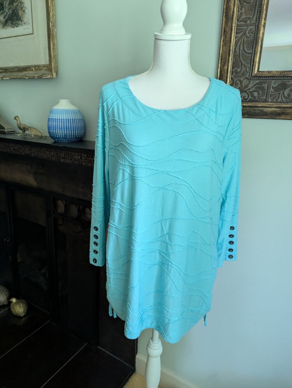 Ali Miles Women's Large Aqua Blue Wavy Textured Tunic Top 3/4 Sleeve Buttons